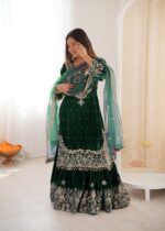Green Color Viscose Velvet Fabric Pearl Work Sharara Suit