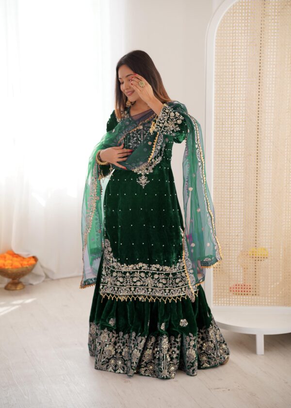 Green Color Viscose Velvet Fabric Pearl Work Sharara Suit