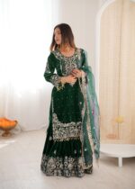Green Color Viscose Velvet Fabric Pearl Work Sharara Suit