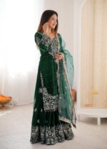 Green Color Viscose Velvet Fabric Pearl Work Sharara Suit
