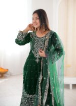Green Color Viscose Velvet Fabric Pearl Work Sharara Suit