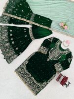 Green Color Viscose Velvet Fabric Pearl Work Sharara Suit