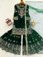 Green Color Viscose Velvet Fabric Pearl Work Sharara Suit