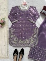 Lavender Color Jimmy Choo Fabric Pearl Work Palazzo Suit