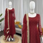 Maroon Color Faux Georgette Fabric Mukaish Work Palazzo Gown