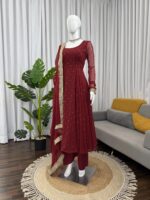 Maroon Color Faux Georgette Fabric Mukaish Work Palazzo Gown