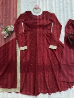 Maroon Color Faux Georgette Fabric Mukaish Work Palazzo Gown