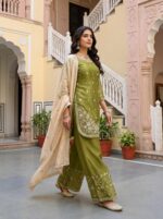 Mehandi Color Jimmy Choo Fabric Pearl Work Palazzo Suit