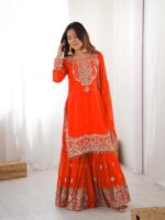 Orange Color Faux Georgette Fabric Sequence And Thread With Pearl Work Sharara Set