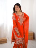 Orange Color Faux Georgette Fabric Sequence And Thread With Pearl Work Sharara Set