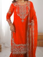Orange Color Faux Georgette Fabric Sequence And Thread With Pearl Work Sharara Set