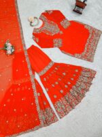 Orange Color Faux Georgette Fabric Sequence And Thread With Pearl Work Sharara Set