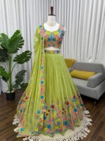 Parrot Color Tabby Organza Silk Fabric Sequence Work Lehenga
