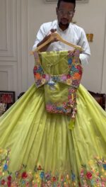 Parrot Color Tabby Organza Silk Fabric Sequence Work Lehenga