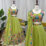 Parrot Color Tabby Organza Silk Fabric Sequence Work Lehenga