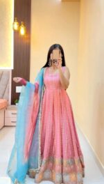 Pink Color Chinon Silk Fabric Sequence Work Anarkali Suit