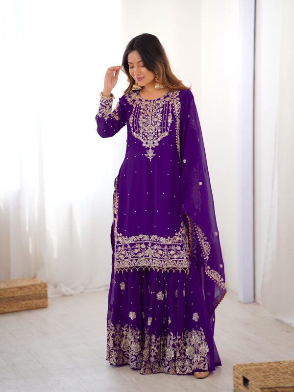Purple Color Faux Georgette Fabric Sequence And Thread With Pearl Work Sharara Set