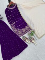 Purple Color Viscose Velvet Fabric Pearl Work Palazzo Suit