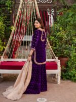 Purple Color Viscose Velvet Fabric Pearl Work Palazzo Suit