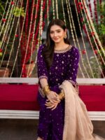 Purple Color Viscose Velvet Fabric Pearl Work Palazzo Suit