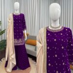 Purple Color Viscose Velvet Fabric Pearl Work Palazzo Suit