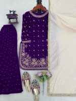 Purple Color Viscose Velvet Fabric Pearl Work Palazzo Suit