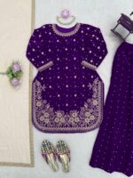 Purple Color Viscose Velvet Fabric Pearl Work Palazzo Suit