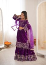 Purple Color Viscose Velvet Fabric Pearl Work Sharara Suit