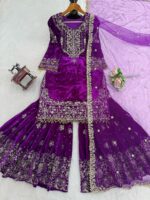 Purple Color Viscose Velvet Fabric Pearl Work Sharara Suit