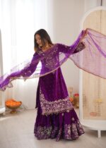 Purple Color Viscose Velvet Fabric Pearl Work Sharara Suit