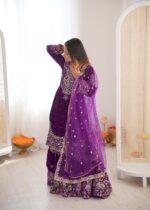 Purple Color Viscose Velvet Fabric Pearl Work Sharara Suit