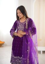 Purple Color Viscose Velvet Fabric Pearl Work Sharara Suit