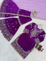Purple Color Viscose Velvet Fabric Pearl Work Sharara Suit