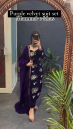 Purple Color Viscose Velvet Fabric Sequence Work Suit