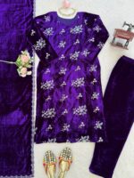 Purple Color Viscose Velvet Fabric Sequence Work Suit