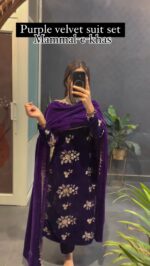 Purple Color Viscose Velvet Fabric Sequence Work Suit