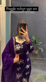 Purple Color Viscose Velvet Fabric Sequence Work Suit