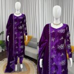 Purple Color Viscose Velvet Fabric Sequence Work Suit