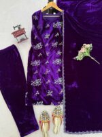 Purple Color Viscose Velvet Fabric Sequence Work Suit
