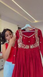 Red Color Chinon Fabric Real Mirror Work Suit