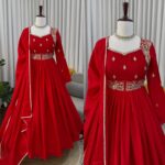 Red Color Chinon Fabric Real Mirror Work Suit