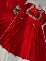 Red Color Chinon Fabric Real Mirror Work Suit