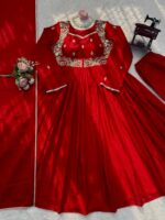 Red Color Chinon Fabric Real Mirror Work Suit