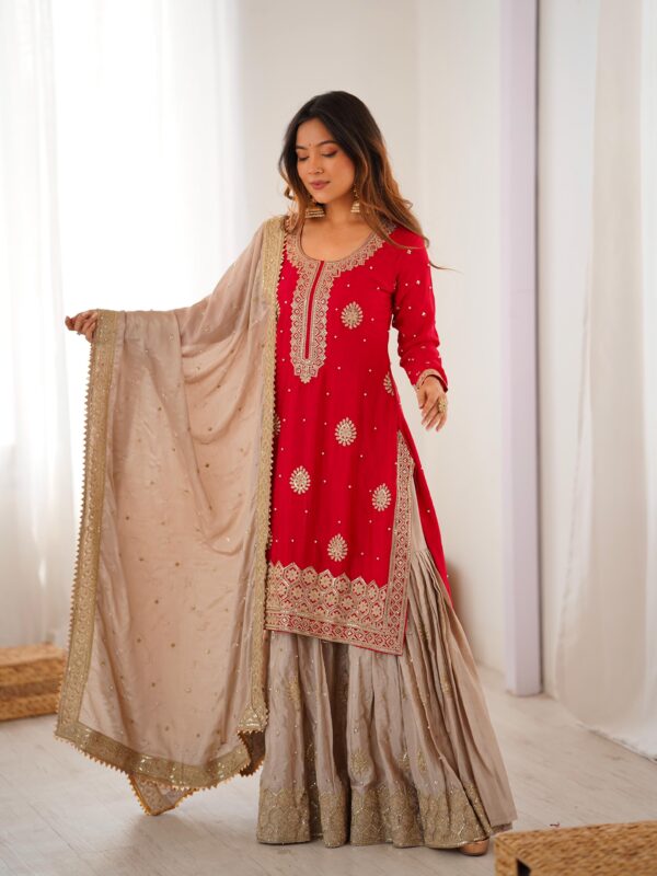 Red Color Chinon Silk Fabric Pearl Work Sharara Suit