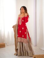 Red Color Chinon Silk Fabric Pearl Work Sharara Suit