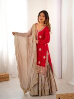 Red Color Chinon Silk Fabric Pearl Work Sharara Suit