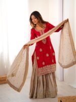 Red Color Chinon Silk Fabric Pearl Work Sharara Suit