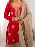 Red Color Chinon Silk Fabric Pearl Work Sharara Suit
