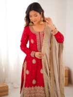 Red Color Chinon Silk Fabric Pearl Work Sharara Suit