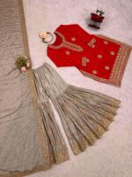 Red Color Chinon Silk Fabric Pearl Work Sharara Suit